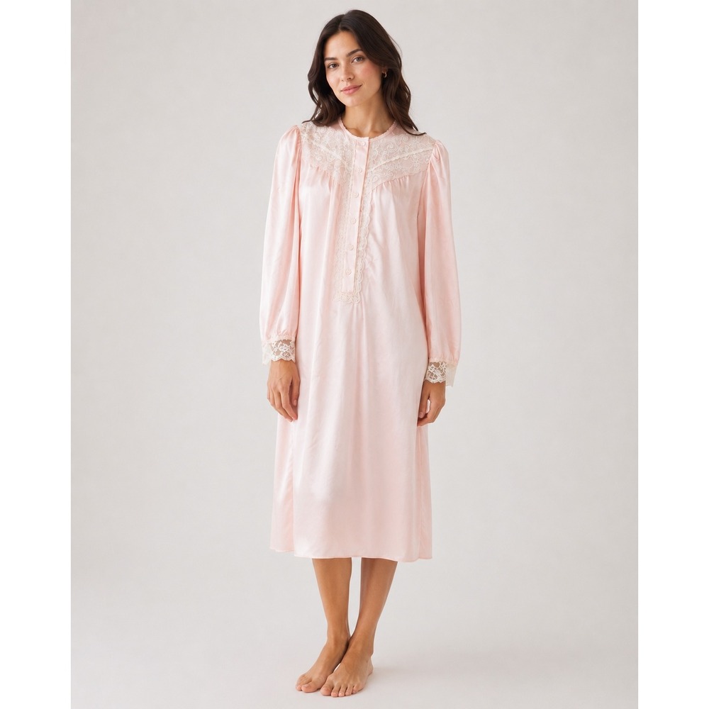 Christian Dior Vintage Pink Satin Lace Trim Long Sleeve Nightgown XS NWT